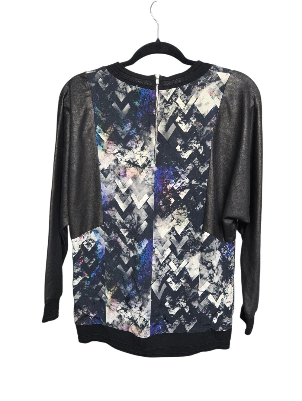 Sandro Paris Sweatshirt Top Geometric Chevron Print Metallic Faux Leather Sz 1 - Picture 2 of 11